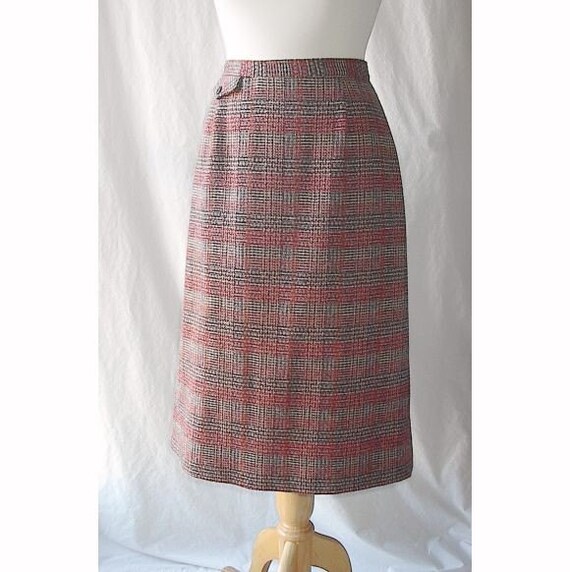 Red and Brown Plaid Wool Straight Skirt W28 S Pre… - image 1