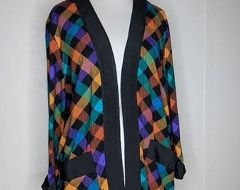 Vintage Plaid Open Front Cardigan Jacket Top M/L B42 80s Grosgrain Trim