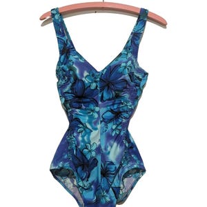 MAXINE OF HOLLYWOOD Blue Floral Print One Piece Swimsuit Vintage Ruched Sides 8