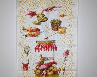 vintage Polish Linen Tea Towel Screen Print Fish Market Menthe inutilisée