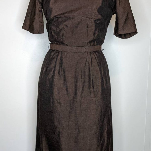 Nantucket Naturals Vintage 50s Sheath Dress Brown Black Fitted Wiggle S B34