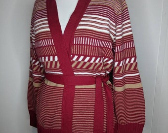 Belted Vintage 70s Cardigan Sweater Russ Togs S Red Acrylic