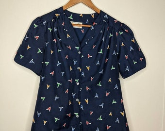 Lady Arrow Navy Blue V Bird Puff Sleeve Vintage 80s Blouse Top M L