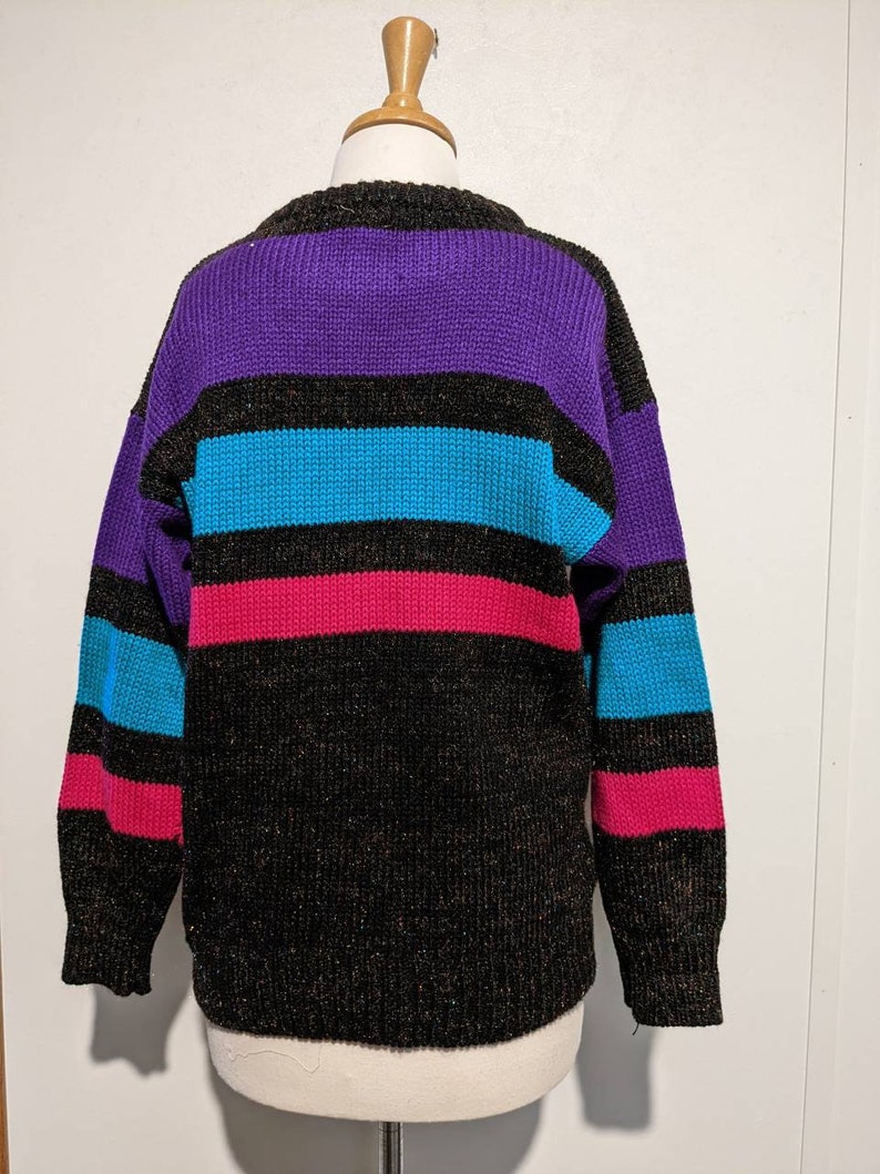 Striped Slouchy Vintage 80s Oversized Pullover Sweater M Acrylic Wool Jewel Tones image 4