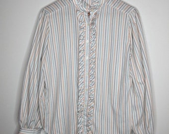 Pinstriped Button Front Blouse Shirt Ruffle Collar L Vintage 80s B40 Secretary