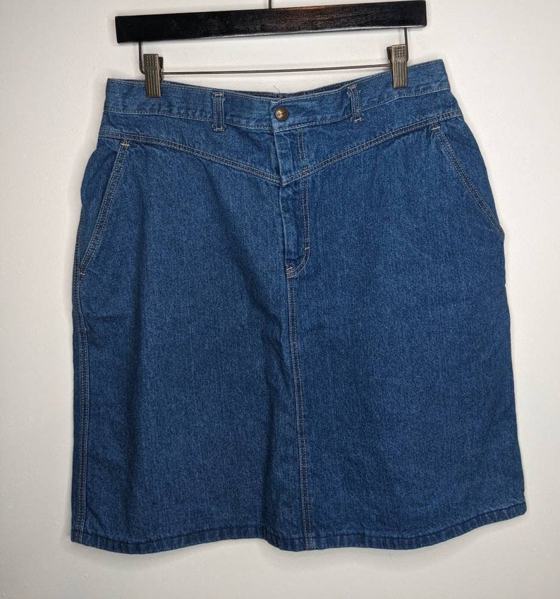 Vintage 80s Yoked Waist Med Blue Denim Skirt W32 M image 1