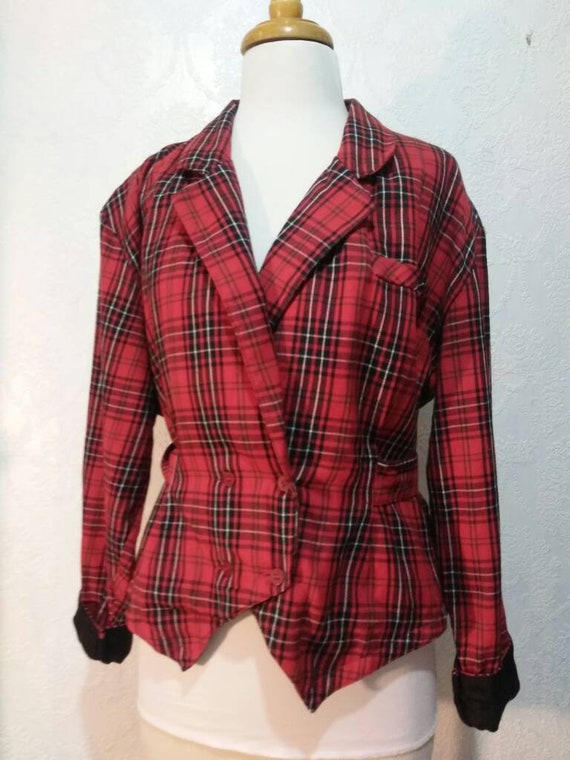 Red and Black Plaid Cropped Jacket Vintage 1990s … - image 1