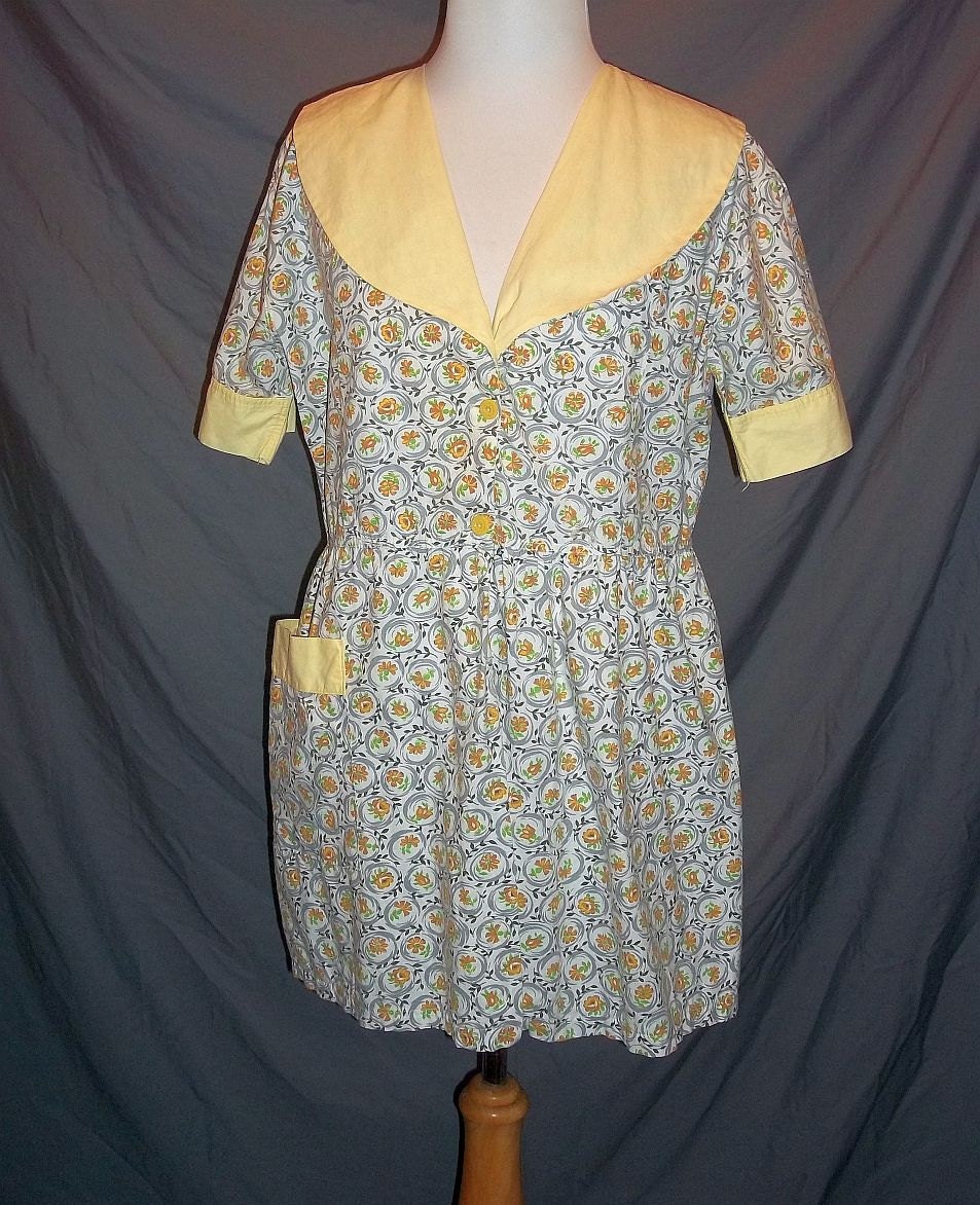 Yellow Floral Feedsack Short Apron Dress Smock Top B42 M L | Etsy