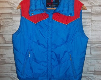 Ladies Vintage 70s White Stag Ski Jacket Vest Coat Bright Blue with Red Details L Indie B44