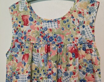 Summer Gingham Floral Garden Vintage Sleeveless Smock Dress M L