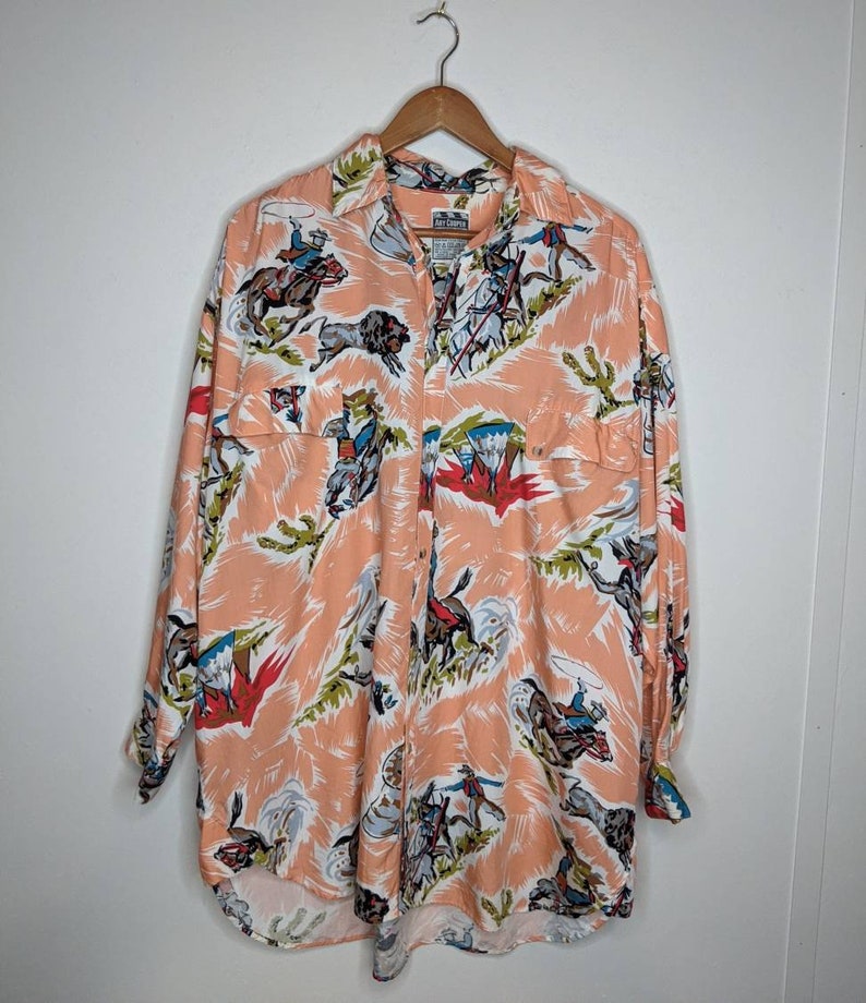 Pastel Peach 80s Cowboys Design Soft Rayon Tunic Top Ary Cooper Vintage Huge Oversized S Unisex image 2