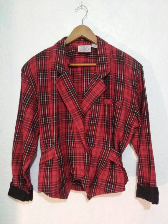 Red and Black Plaid Cropped Jacket Vintage 1990s … - image 3