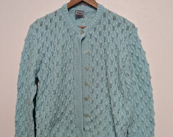 Aqua Blue Wintuk Granny Grandma Cardigan Sweater S M B4 Vintage 70s 80s Lacey Puff Knit