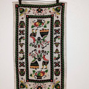 Vintage Linen Tea Towel Parisian Prints Penn Dutch Folk Art Screen Print NOS