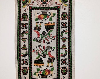 Vintage Linen Tea Towel Parisian Prints Penn Dutch Folk Art Screen Print NOS