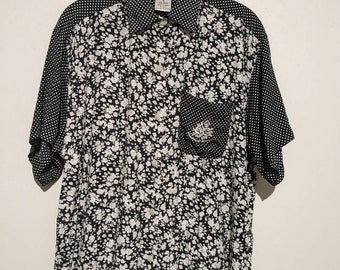 Black White Drapey Rayon 80s Mixed Print Blouse Top M Vintage Oversized Polka Dot Floral