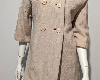 Cream Beige Wool Cropped Sleeve Vintage 60s Ladies Winter Coat S Hockanum J P Stevens