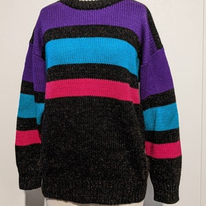 Striped Slouchy Vintage 80s Oversized Pullover Sweater M Acrylic Wool Jewel Tones image 1