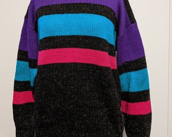 Striped Slouchy Vintage 80s Oversized Pullover Sweater M Acrylic Wool Jewel Tones