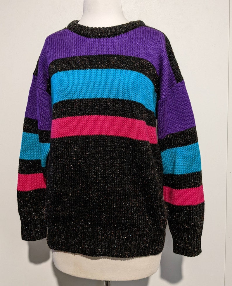 Striped Slouchy Vintage 80s Oversized Pullover Sweater M Acrylic Wool Jewel Tones image 1