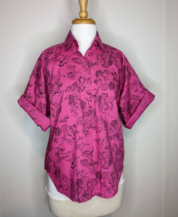 Raspberry Pink Roll Sleeve Shirt Top Vintage 80s … - image 1