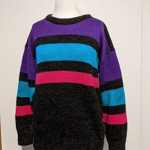 Striped Slouchy Vintage 80s Oversized Pullover Sweater M Acrylic Wool Jewel Tones image 2