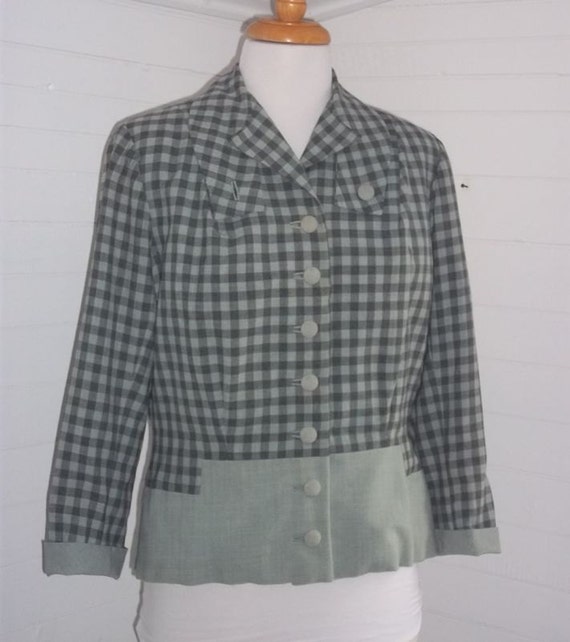 L XL Vintage 30s 40s Gingham Plaid Jacket Button F
