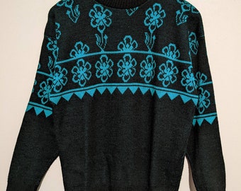 Vintage 80s Black and Blue Floral Pullover Sweater M L Acrylic