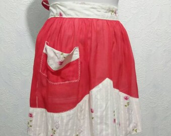Vintage Hidden Image Half Apron Red Sheer with White Floral Print Fabric