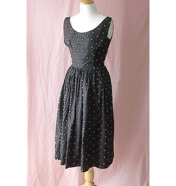 Black with Pink Emb Rosebuds Prom Party Dress S V… - image 1