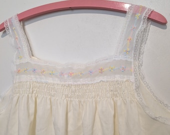 60s Pale Yellow Nightgown Sheer Emb Lace Trim M L Katz