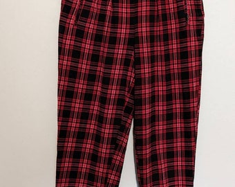 High Waist Pleated Red Plaid Trouser Pants W23 Vintage 80s Womens Tapered Leg Side Zip M