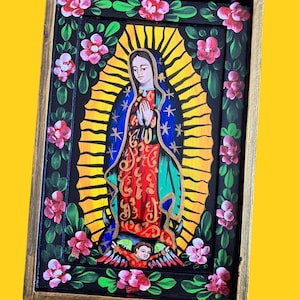 Hand-Painted Wood Mexican Retablo - Virgen de Guadalupe - Our Lady of Guadalupe - Full Body A - Blue