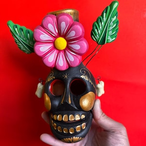 Skull Candleholder with Hinged Jaw, Earrings,  Flower and Leaves - Painted Clay Black Calavera Candelabra from Mexico
