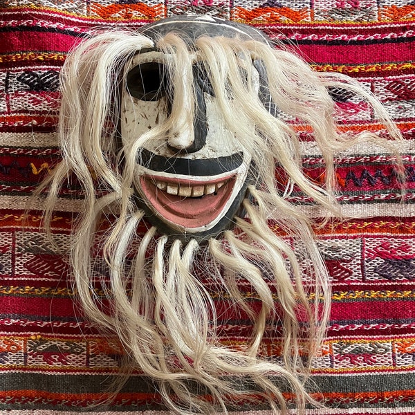 Fine and Rare Mayo Pascola Mask from Mexico Carved Painted Wood with Goat Hair