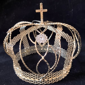 Large Metal Crown with Lace-like Cutouts, Cross, and Crystals for Santos Cage Doll