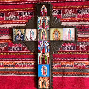Mexican Tin Cross with Virgen de Guadalupe Tiles  - A