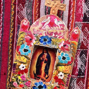 Mexican Tin Nicho Altar with Handpainted Flowers and Birds - Virgen de Guadalupe Our Lady of Guadalupe - A