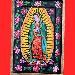 Ręcznie malowany meksykański retablo: Virgen de Guadalupe Wood Art