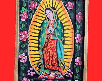 Handgemaltes mexikanisches Retablo: Virgen de Guadalupe Holzkunst