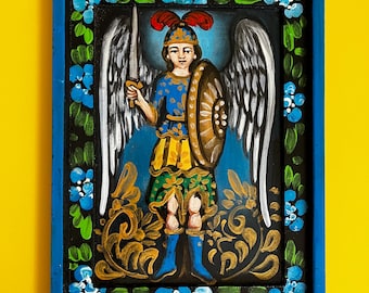 Handbemaltes mexikanisches Holzretablo - Heiliger Erzengel Michael - San Miguel Arcangel - Beschützer gegen das Böse