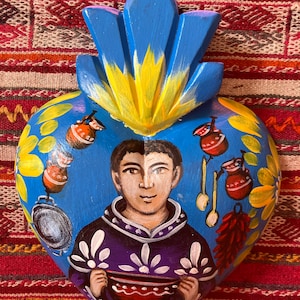 Large Hand-Painted Wood Retablo Milagro Heart - San Pascual Patron Saint of Cooks, Chefs, and the Kitchen - Blue