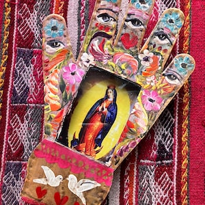 Mexican Tin Nicho Altar with Handpainted Flowers and Birds - Virgen de Guadalupe Our Lady of Guadalupe - B