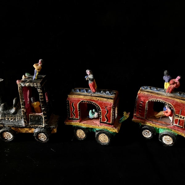 Vintage Candelario Medrano Painted Clay Train Set with Figurines and Birds - Mexican Pottery