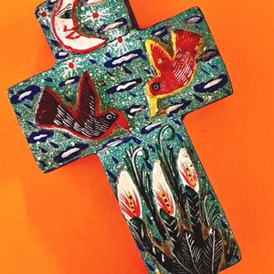 Mexican Cross with Birds, Lilies, & Moon - Oaxacan Painted Wood Carving - Small