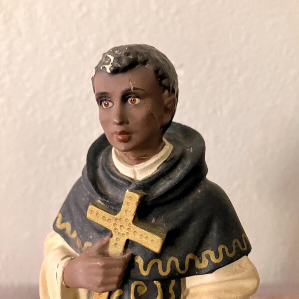 9.5” Vintage Spanish Santos with Glass Eyes from Olot, Spain - San Martin de Porres - St. Martin - Pasta de Madera