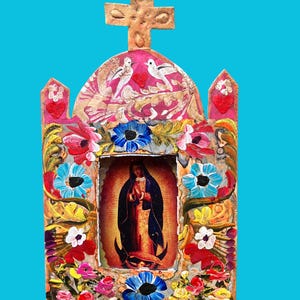 Hand-Painted Mexican Tin Nicho: Virgen de Guadalupe Altar
