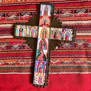 Mexican Tin Cross with Virgen de Guadalupe Tiles  - C