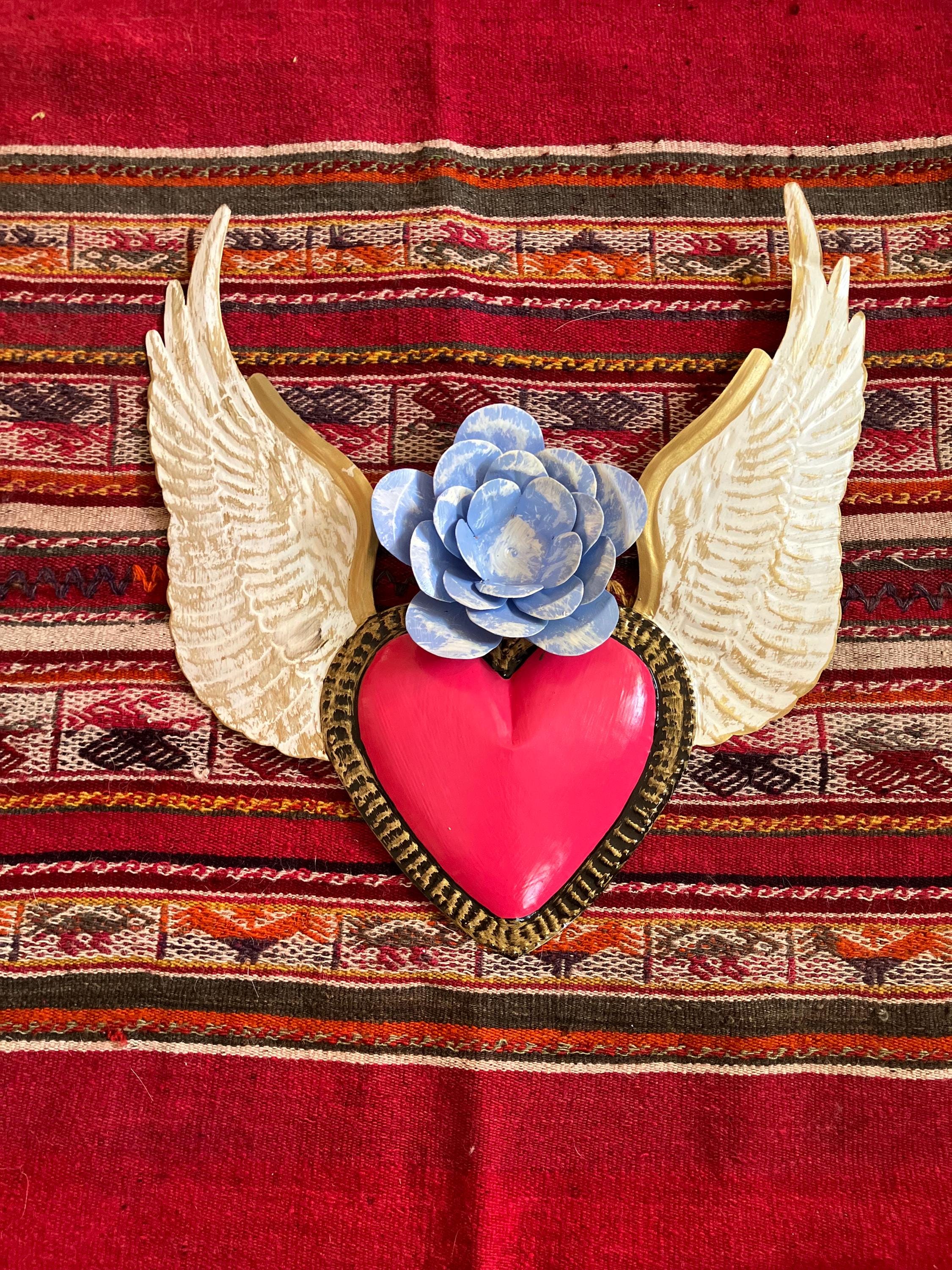 Large Painted Tin Winged Heart with a Flower from Mexico - Pink and Blue