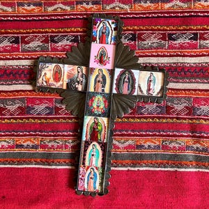 Mexican Tin Cross with Virgen de Guadalupe Tiles  - B
